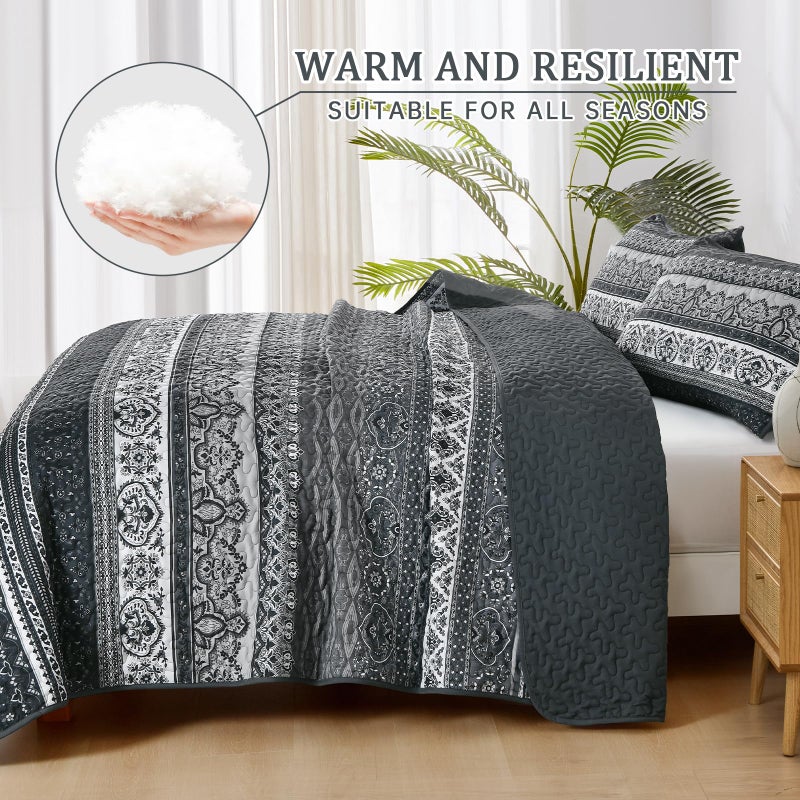 WONGS BEDDING Boho King Quilt Set  Black Bohemian Quilt Bedding Set  Lightweight Bed Decor Bedspread for All Season Reversible Microfiber Coverlet Bedding Set 110""x90""(3 Pieces) - Image 3